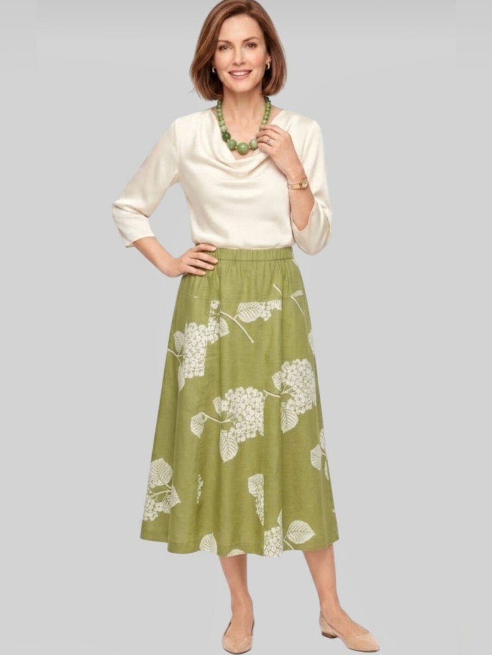 NIC+ZOE Hydrangea Floral Cotton A-line Midi Skirt Green & White Summer Medium